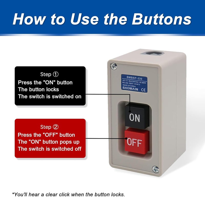 Baomain Self-Locking Push Button Switch 3-Phase 30A 3.7KW, Industrial 3-Pole Heavy Duty,BMBSP-330/TBSP-330 - Image 2
